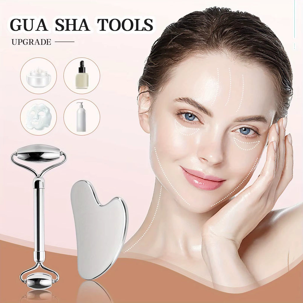 1/2/3 Piece Stainless Steel Facial Roller and Gua Sha Massage Tool Set, Metal Beauty Tools for Body, Face, Neck and Eyes